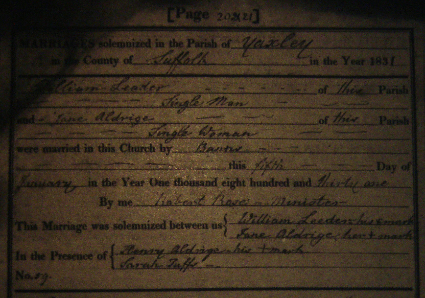 1831 Marriage Record for William Leader and Jane Aldrige in Yaxley Parish Registers